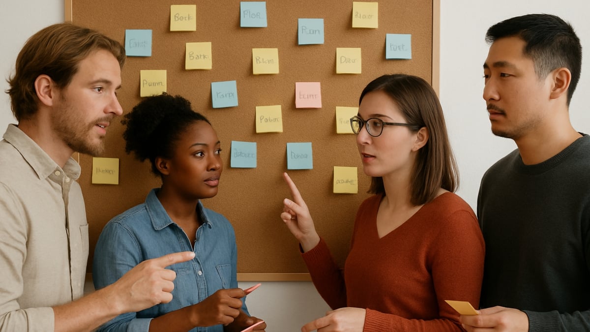 Four people stand in front of a cork board covered with colorful sticky notes, discussing ideas and pointing.