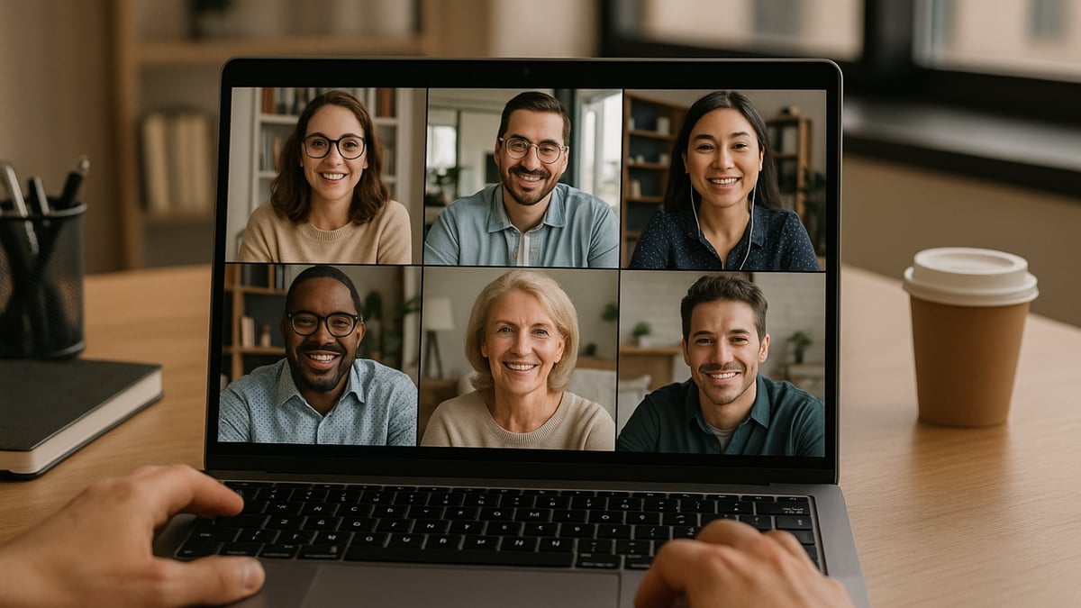 Six smiling people appear on a laptop screen during a virtual video meeting held at a wooden desk.