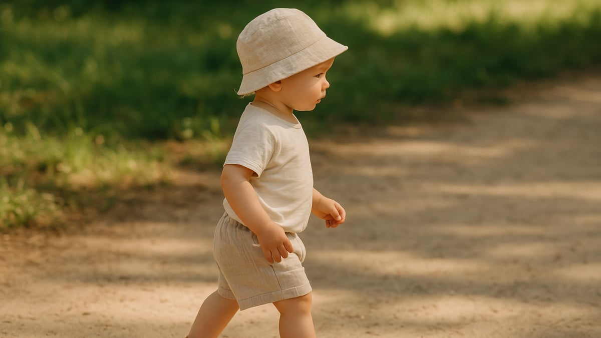 Small child in beige clothes and hat walking on a sunlit dirt path surrounded by grass.