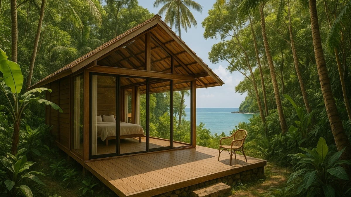 Wooden cabin with glass walls facing the ocean, nestled in lush tropical jungle with a rattan chair on the deck.