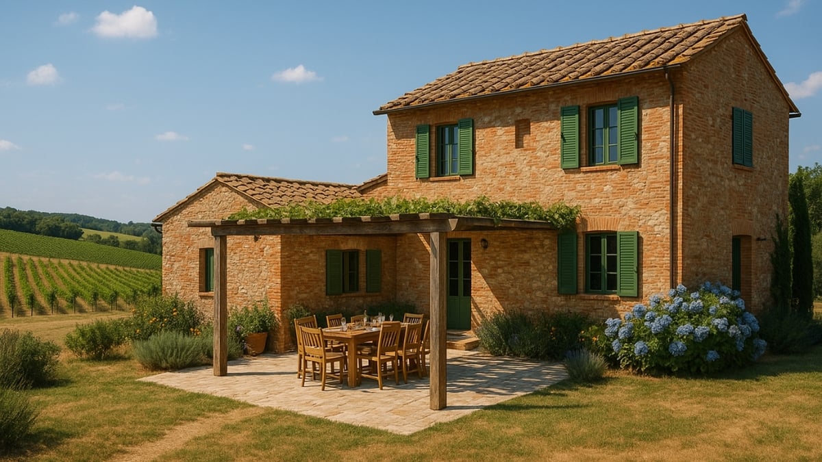 Stone farmhouse with green shutters, garden patio, and vineyard view under a clear blue sky.
