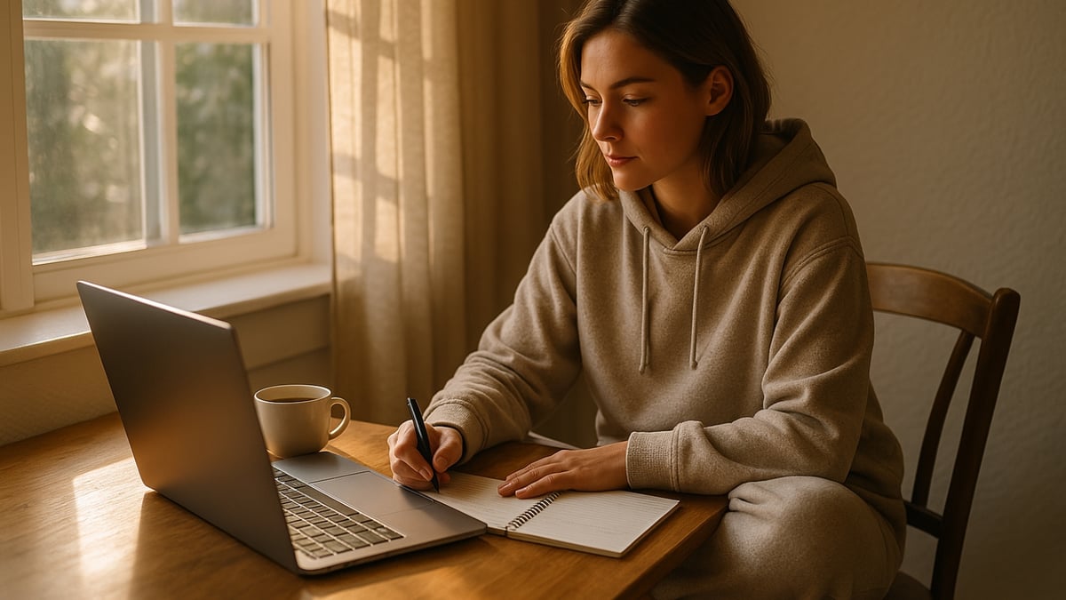 Woman in beige hoodie writes in a notebook next to a laptop and coffee cup at a wooden table near a sunlit window.