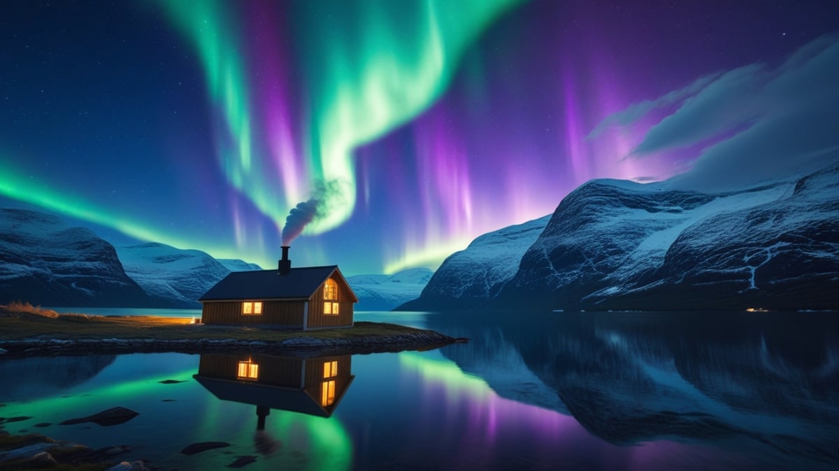 A wooden cabin by a calm lake glows under vibrant green and purple northern lights with snowy mountains in the background.