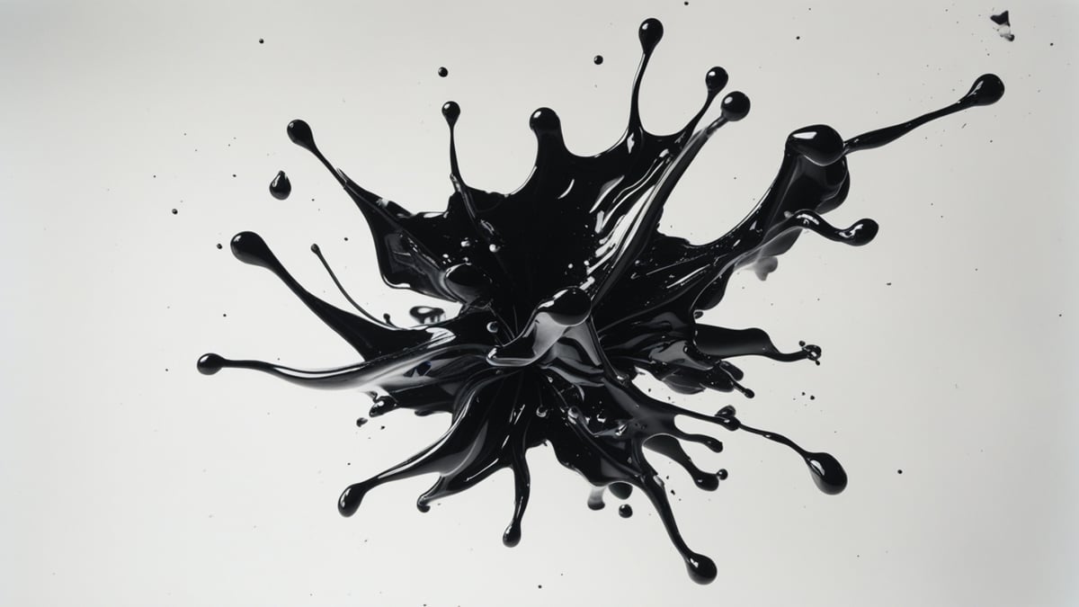 An explosive burst of black ink spreads outward in sharp spikes and droplets against a clean white background.