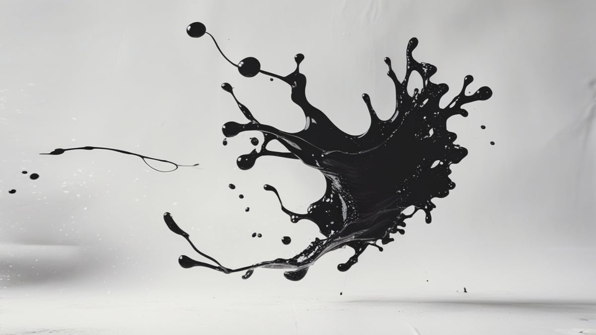 A burst of black ink splashes outward in dynamic curves and droplets against a white background, frozen midair.