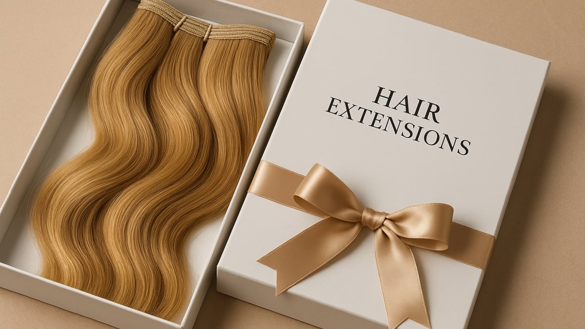Blonde wavy hair extensions arranged neatly in an open white box beside a matching lid tied with a satin gold ribbon.