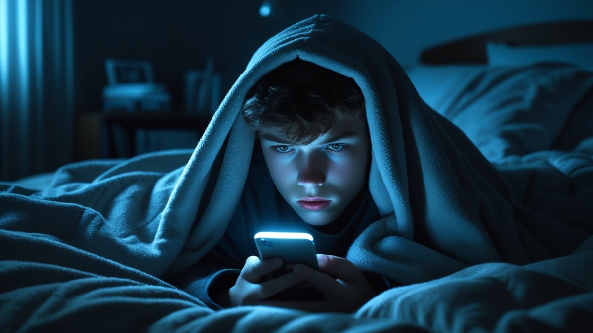 A boy covered in a blanket focuses on a glowing phone screen in a dim bedroom.