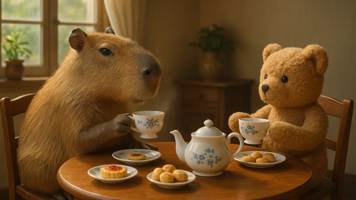 A capybara and a teddy bear enjoying tea and cookies at a wooden table in a cozy room.