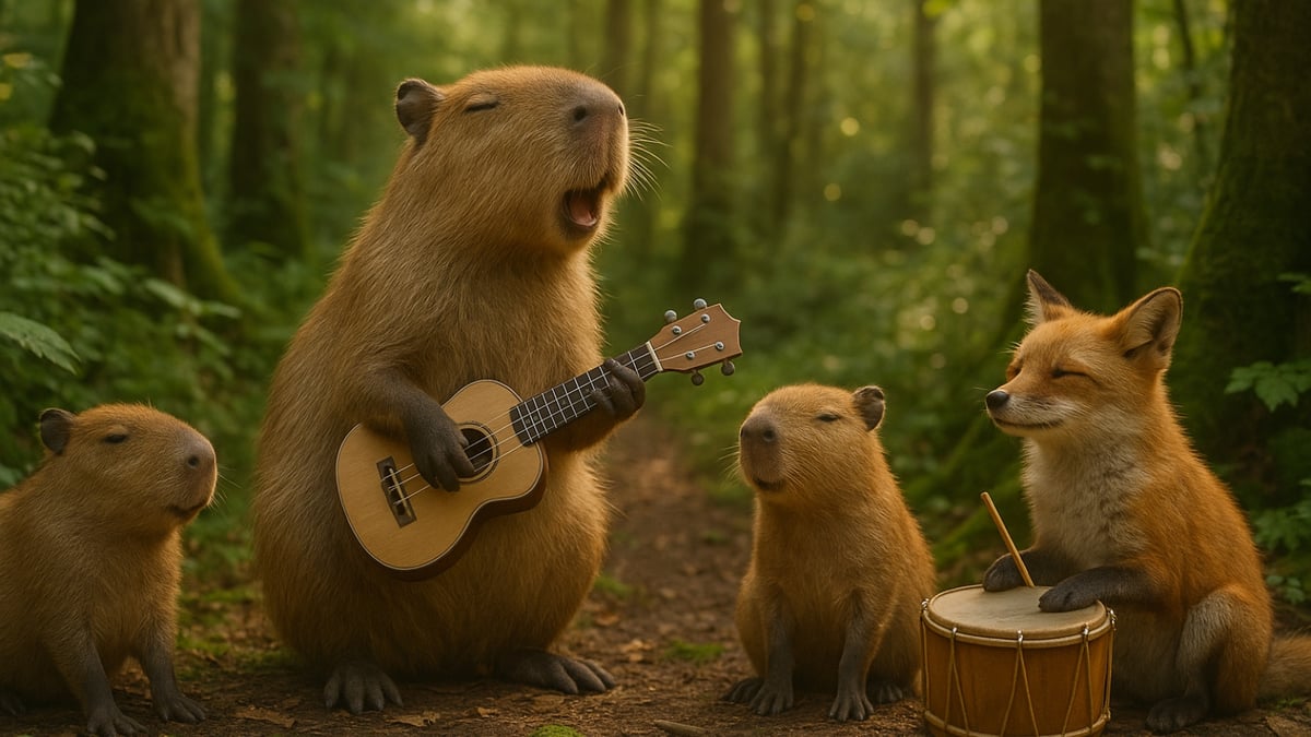 A capybara playing a ukulele and a fox playing a drum with two young capybaras in a forest.