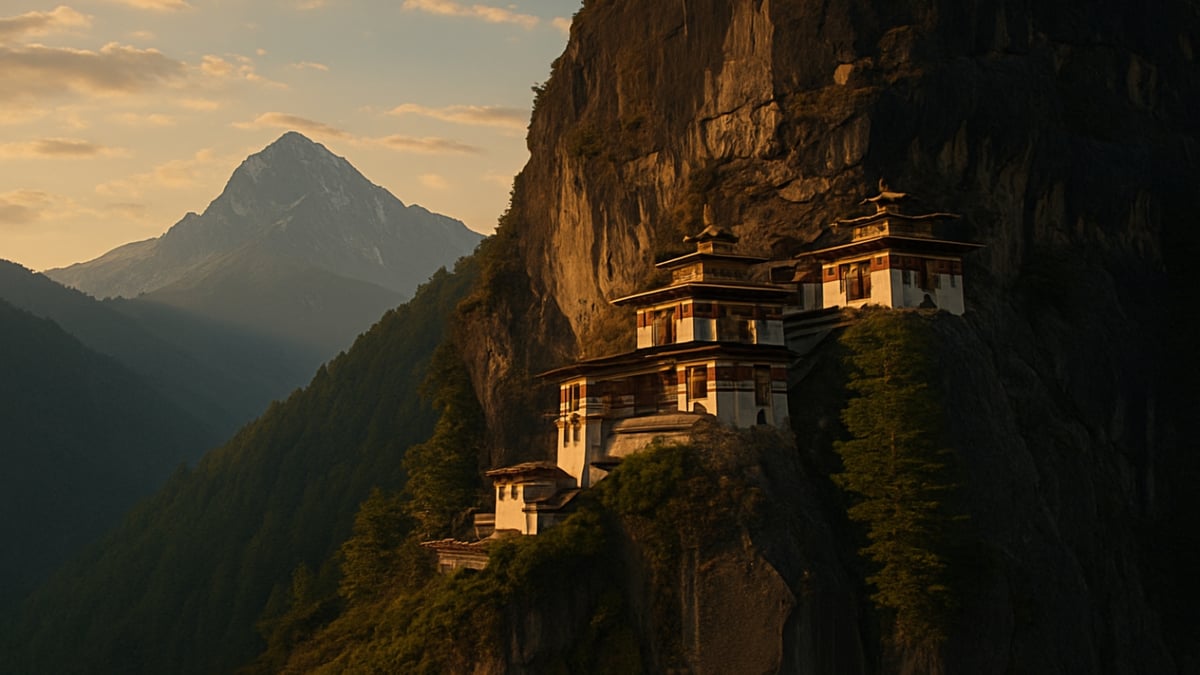 A monastery with layered roofs clings to a rocky cliff, glowing in golden light with high mountains in the distance.