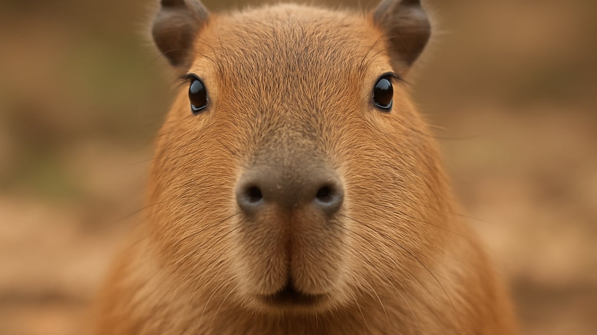 A close-up view of a capybara’s face with focused eyes and fine brown fur.