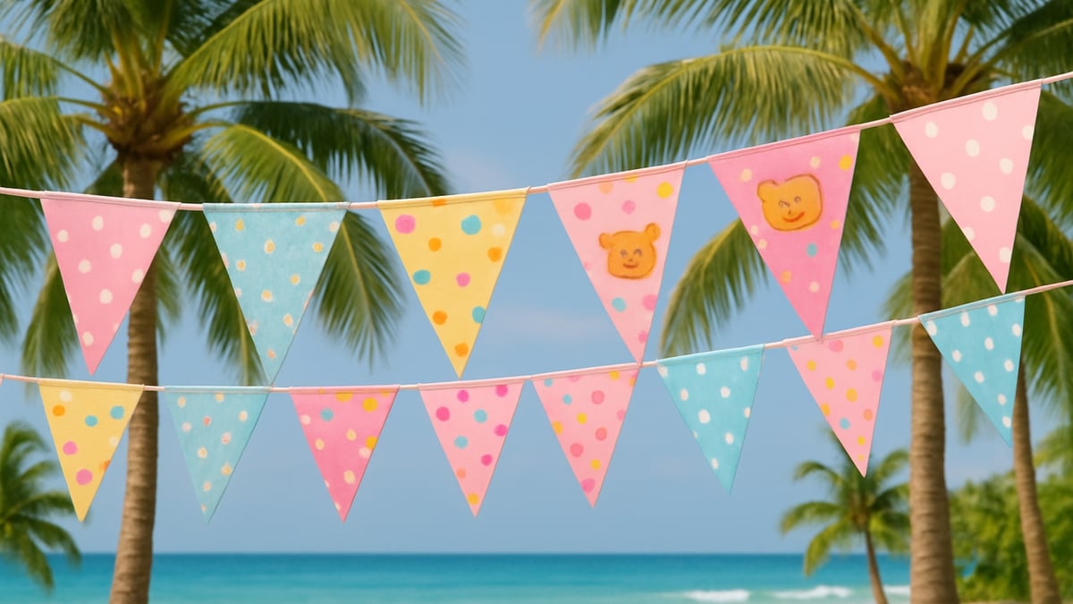 Colorful polka dot bunting flags with bear designs hanging between palm trees on a tropical beach.