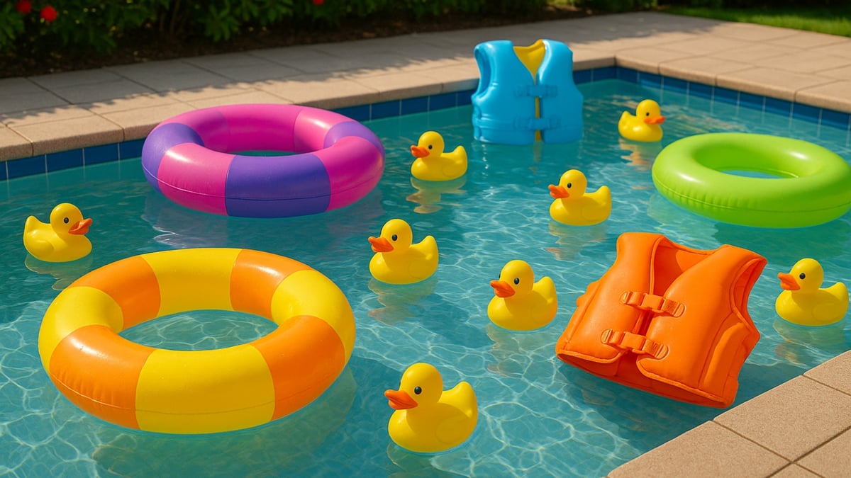 Inflatable rings, life vests, and yellow rubber ducks floating in a clear blue swimming pool.