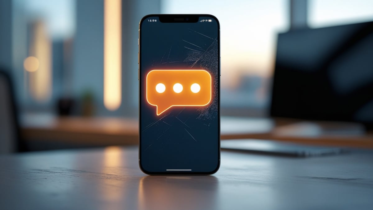A smartphone with a cracked screen displaying a glowing orange chat bubble icon.