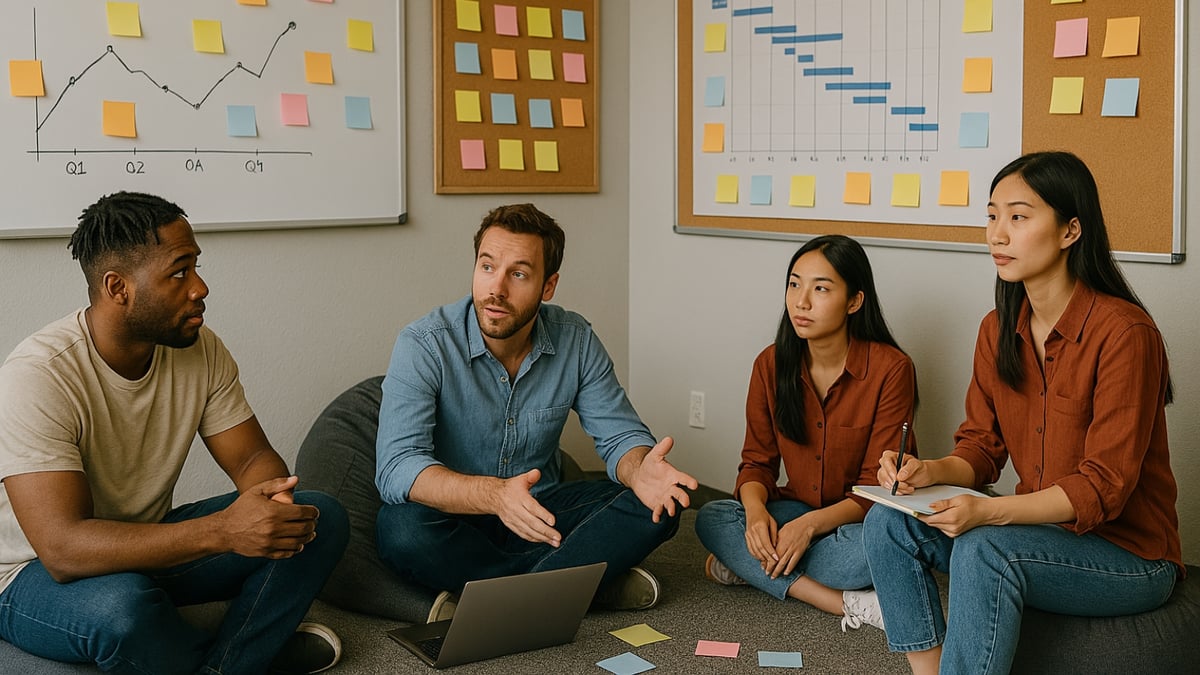 Four team members sit on the floor discussing strategy near charts and colorful sticky notes on the wall.