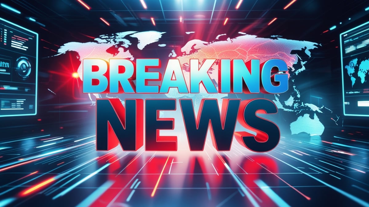 Bold red and blue “BREAKING NEWS” text over a glowing digital world map.