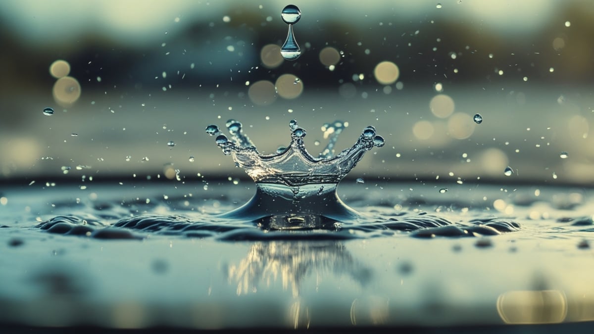 A falling water droplet creates a crown-shaped splash with soft bokeh lights in the background.