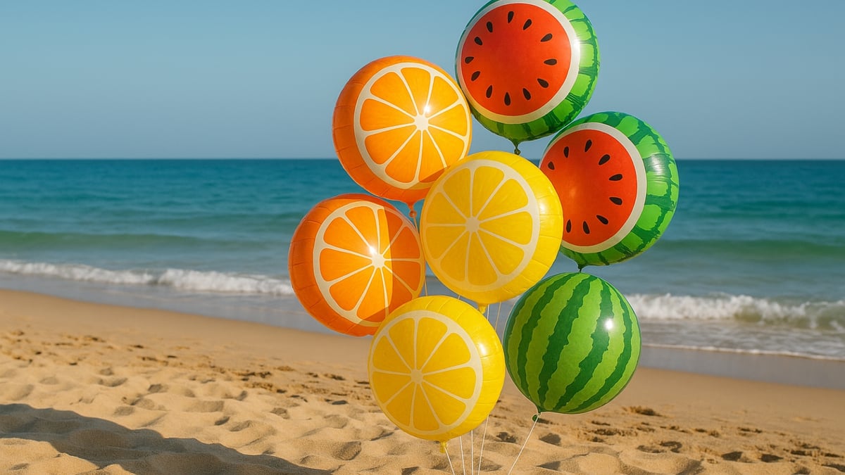 Bright fruit-themed balloons shaped like lemons, oranges, and watermelons on a sandy beach near the ocean.