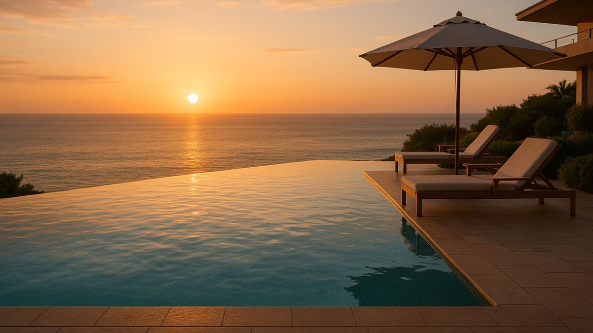 An infinity pool with sun loungers and a large umbrella overlooking the ocean at sunset.