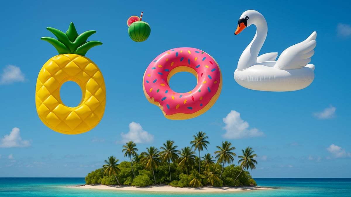 Inflatable floats shaped like a pineapple, donut, coconut drink, and swan over a tropical island.