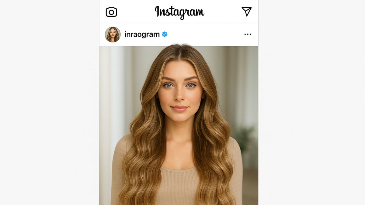 A woman with long blonde wavy hair and a beige top appears in an Instagram post interface, looking directly forward.