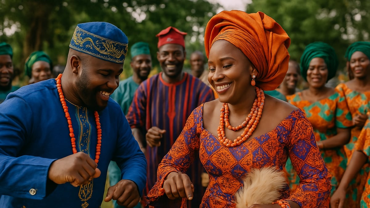 Bride and groom in vibrant attire dance joyfully during a traditional Nigerian wedding surrounded by guests.