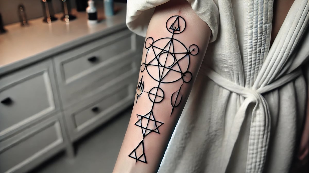 A minimalist tattoo featuring alchemical symbols arranged in a vertical design on the forearm.