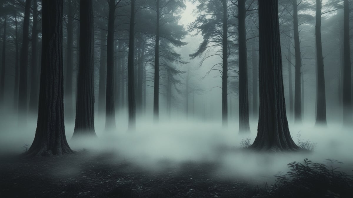 Tall pine trees rise from a forest floor covered in dense mist, with soft light filtering through the distant trunks.