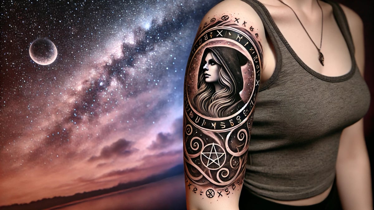 A detailed tattoo of a hooded witch surrounded by ancient runes and cosmic elements on an upper arm.