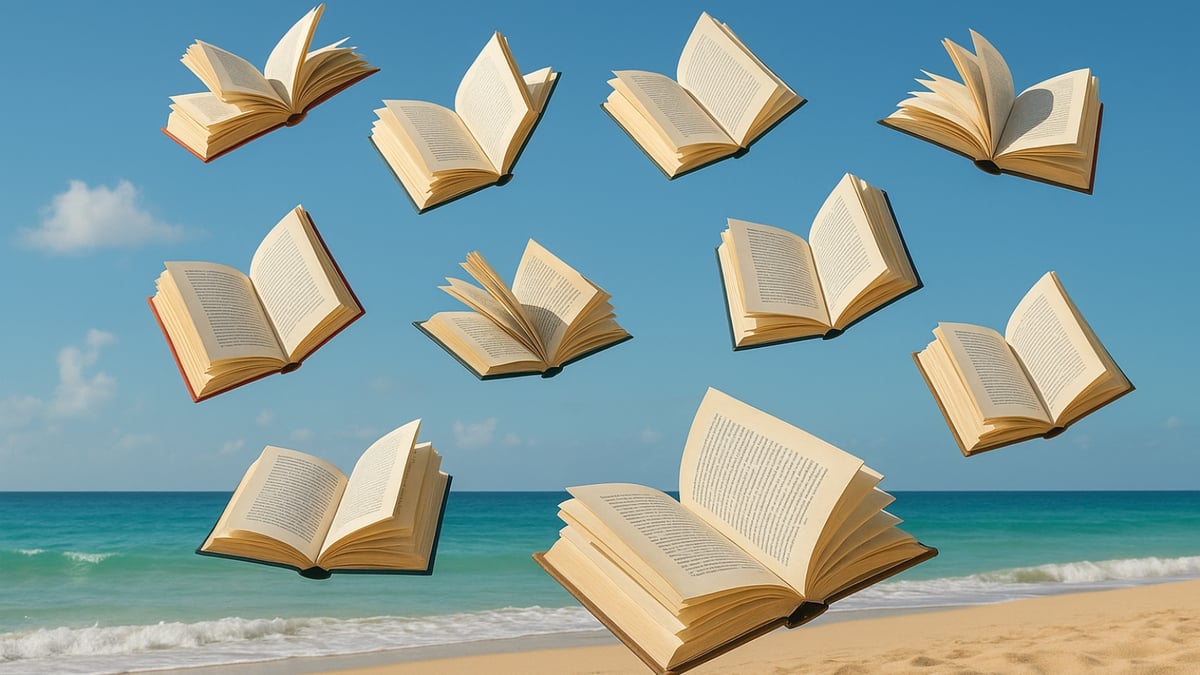 Several open books floating in midair above sandy beach with ocean waves and a bright blue sky.
