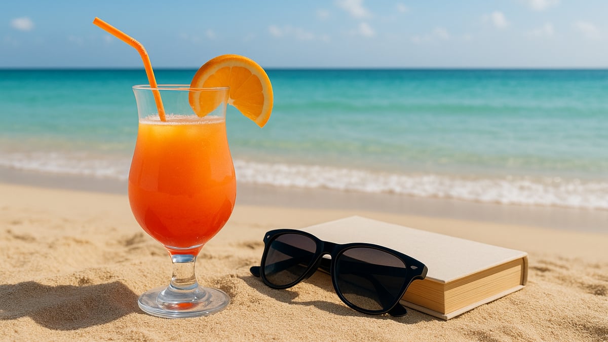 A bright orange cocktail with a straw beside sunglasses and a book on sandy beach by the sea.