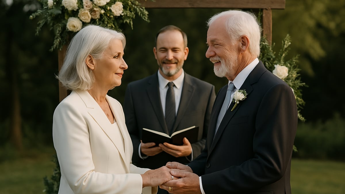 Smiling senior couple holds hands during an outdoor wedding ceremony with a floral arch and officiant.