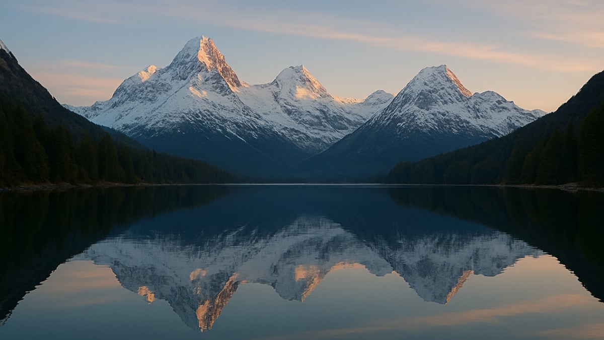 Snow-covered mountain peaks glow in soft light and reflect perfectly in a still mountain lake surrounded by dark forests.