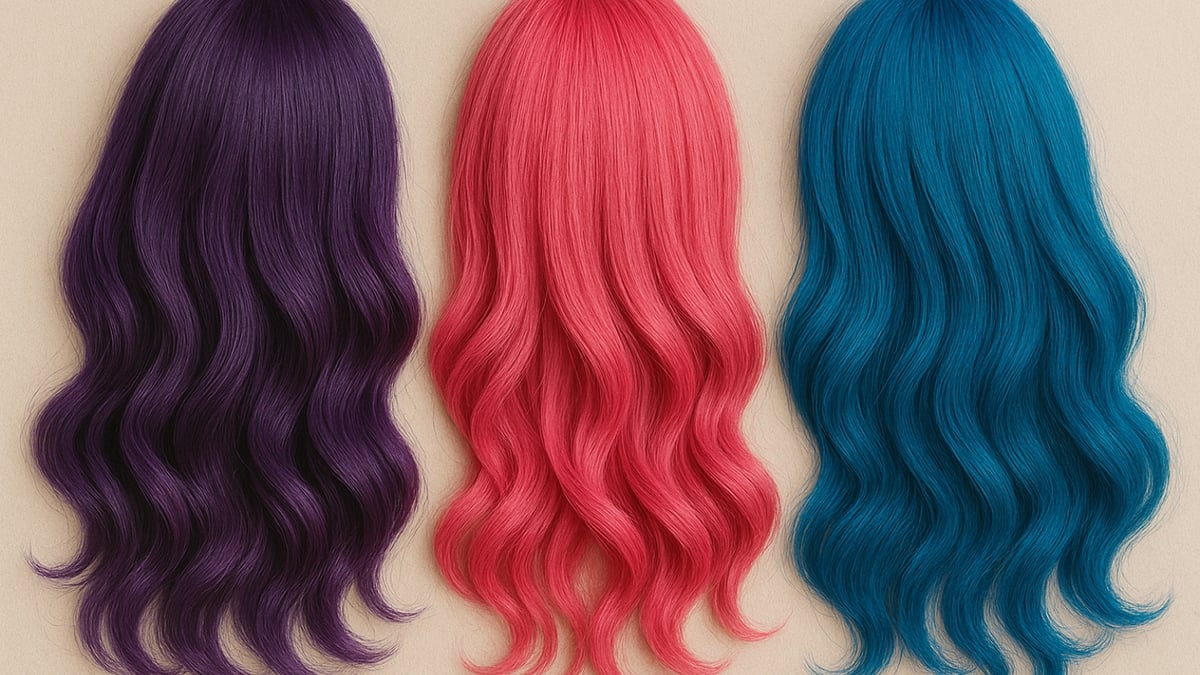 Three long wavy hair extensions in purple, bright pink, and teal blue laid side by side on a beige background.