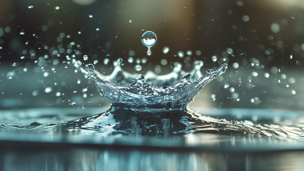 A falling droplet creates a sharp crown splash in water, with suspended drops and blurred light in the background.