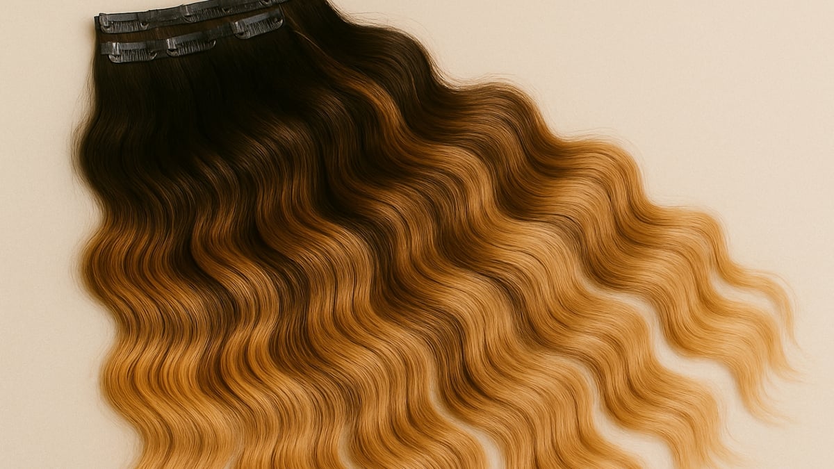Long wavy hair extensions with dark roots blending into golden brown lengths and soft waves.