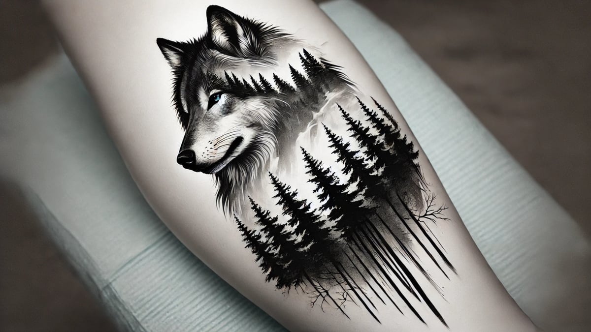 A leg tattoo of a wolf blended with a dense forest in a double exposure style.