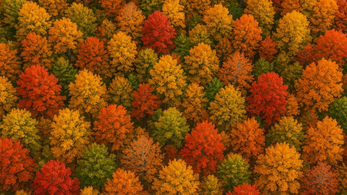 A dense forest of trees in vivid red, orange, and yellow autumn foliage.