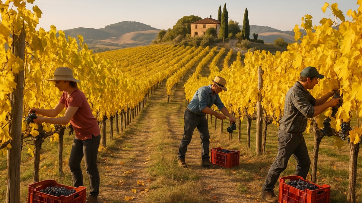 Three workers harvest grapes in a golden vineyard with a farmhouse in the background.