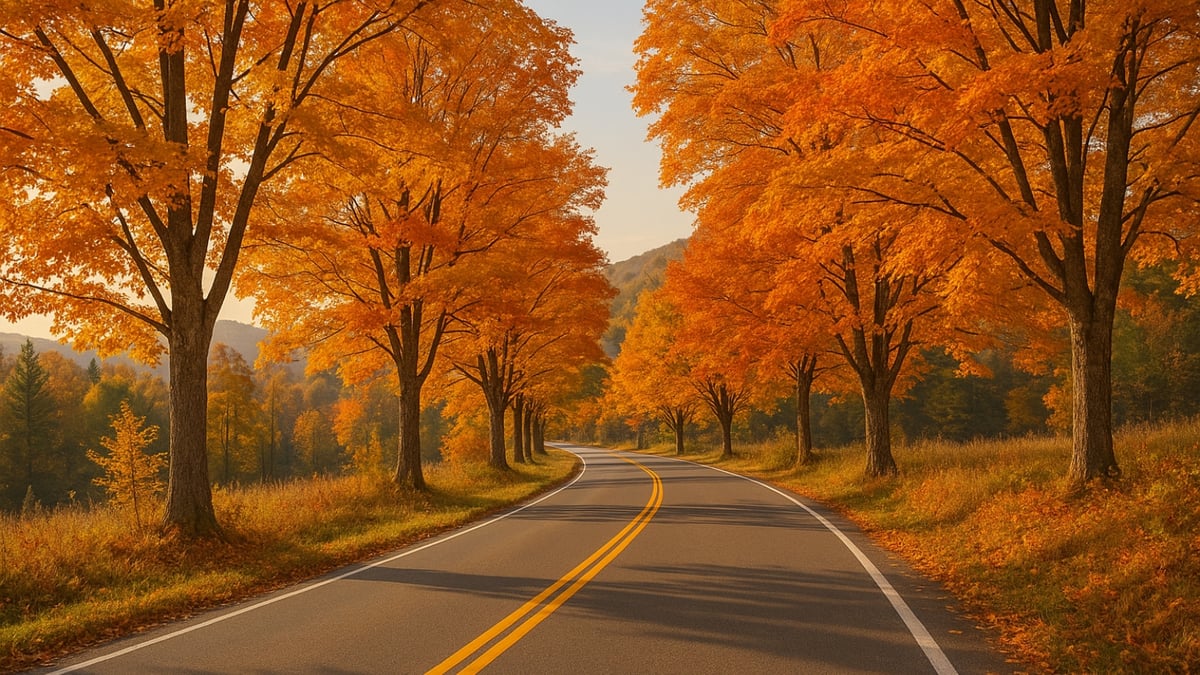 A winding road flanked by tall golden autumn trees under soft sunlight.
