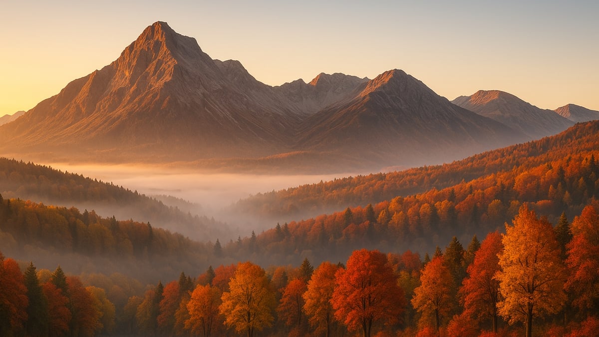 Golden sunrise over a mountain valley with autumn forests and mist.