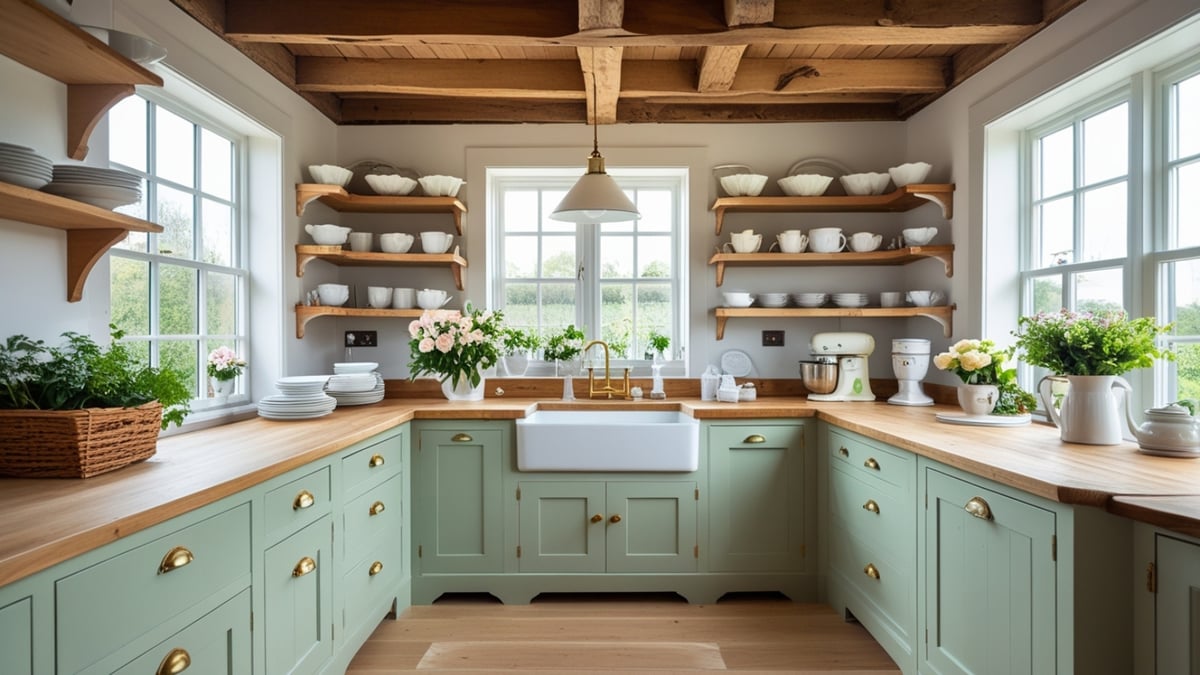 A farmhouse kitchen with mint green cabinets, wooden countertops, open shelves, and large windows filled with natural light.