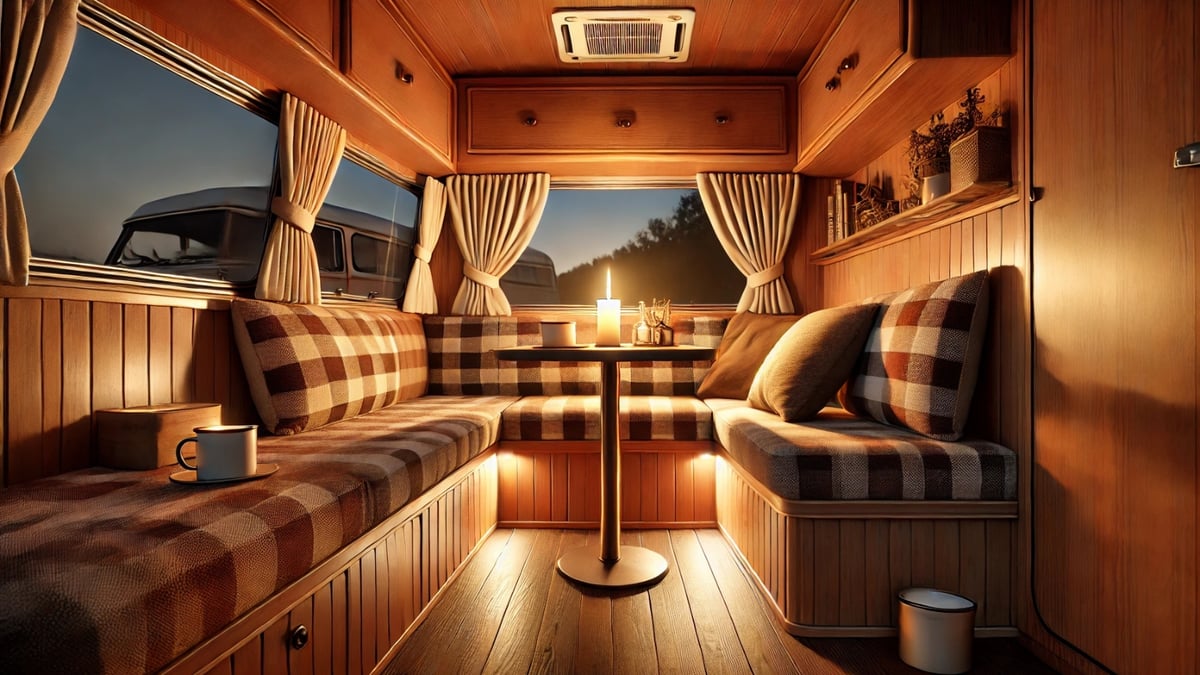 A vintage camper interior with plaid cushions, a small table, soft evening lighting, and warm wooden paneling.