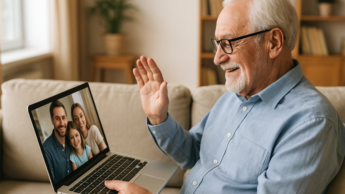 An elderly man in a blue shirt waves while video calling his smiling family on a laptop.