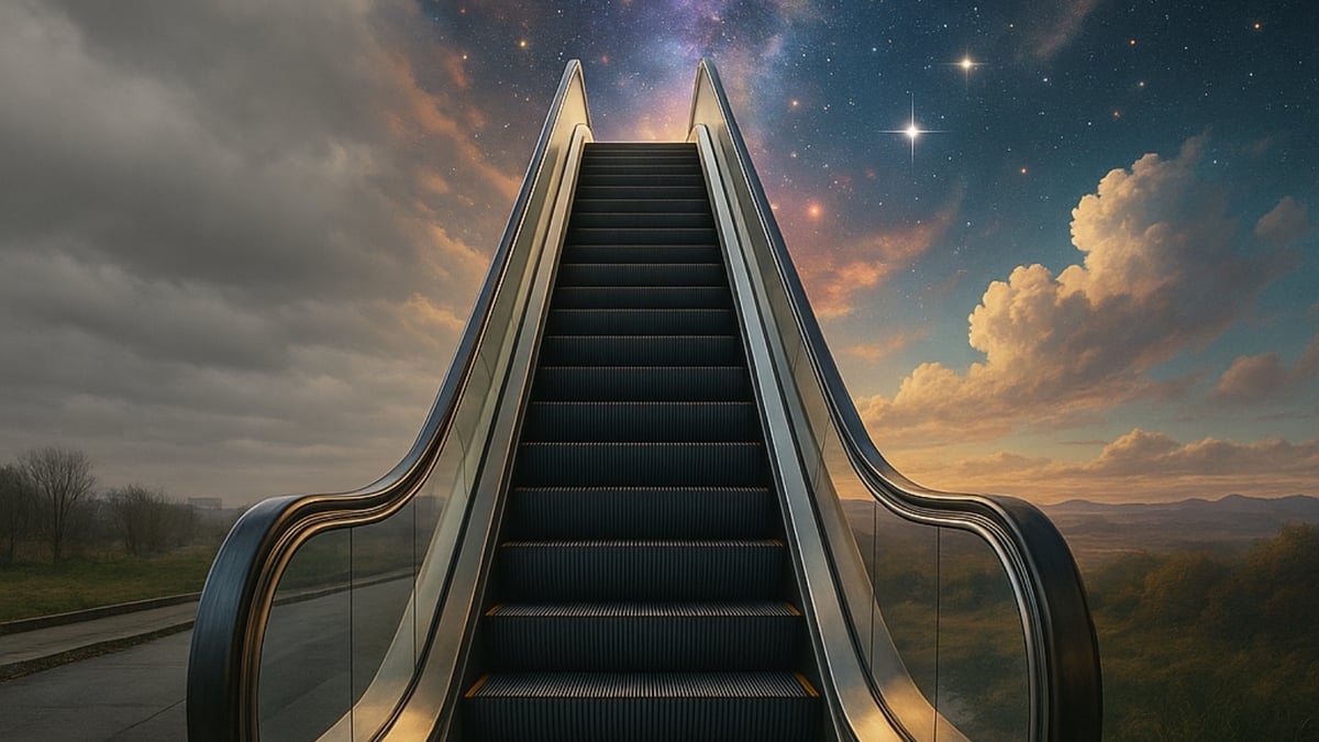 An escalator ascends from a road into a vibrant star-filled night sky with clouds.