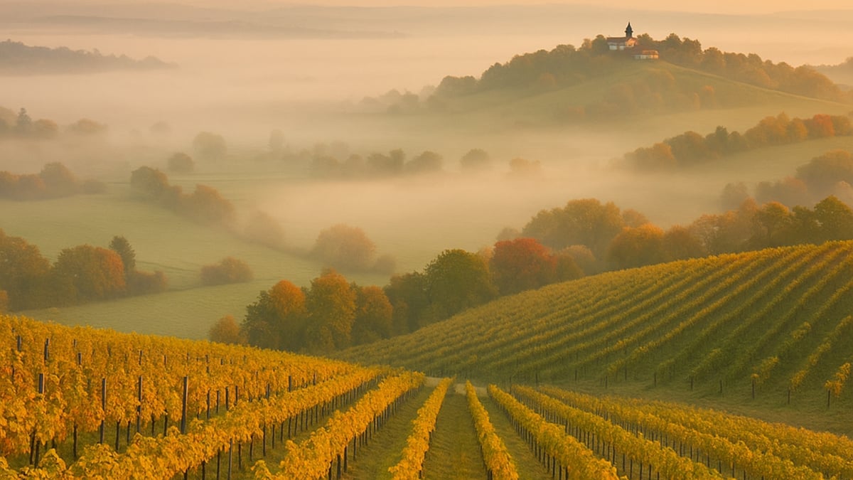 Neat rows of a golden vineyard stretch toward mist-covered hills at sunrise.