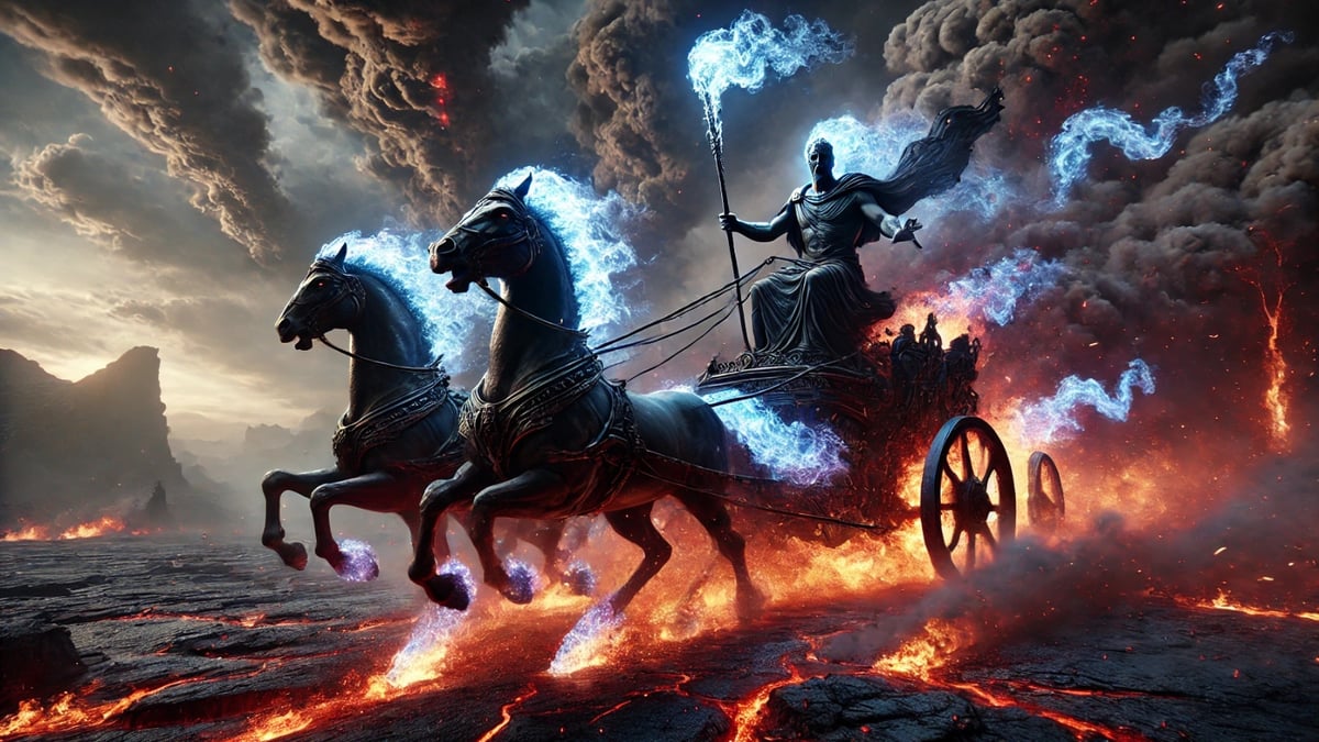 Hades drives a flaming chariot pulled by fiery horses across a volcanic underworld landscape.
