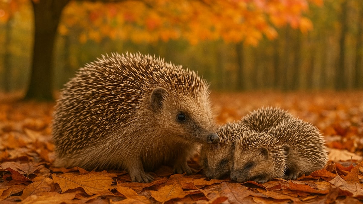 An adult hedgehog stands beside two sleeping babies on fallen autumn leaves.
