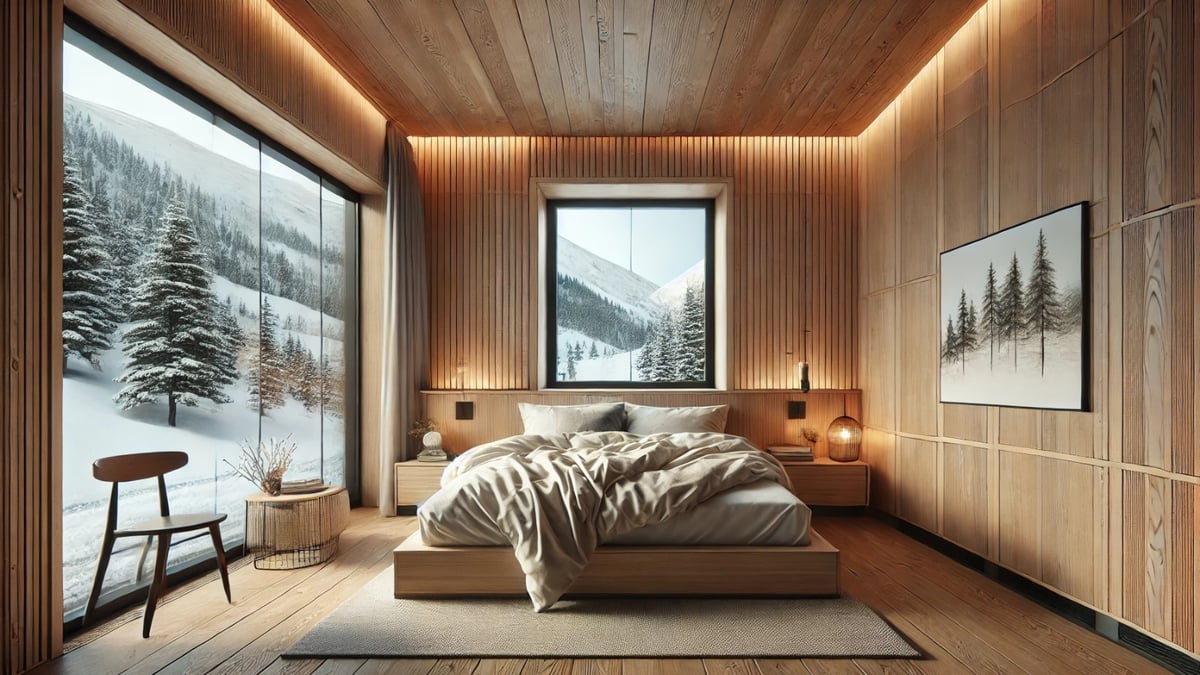 A cozy wooden bedroom with a large bed, minimalist decor, and snowy mountain views through floor to ceiling windows.