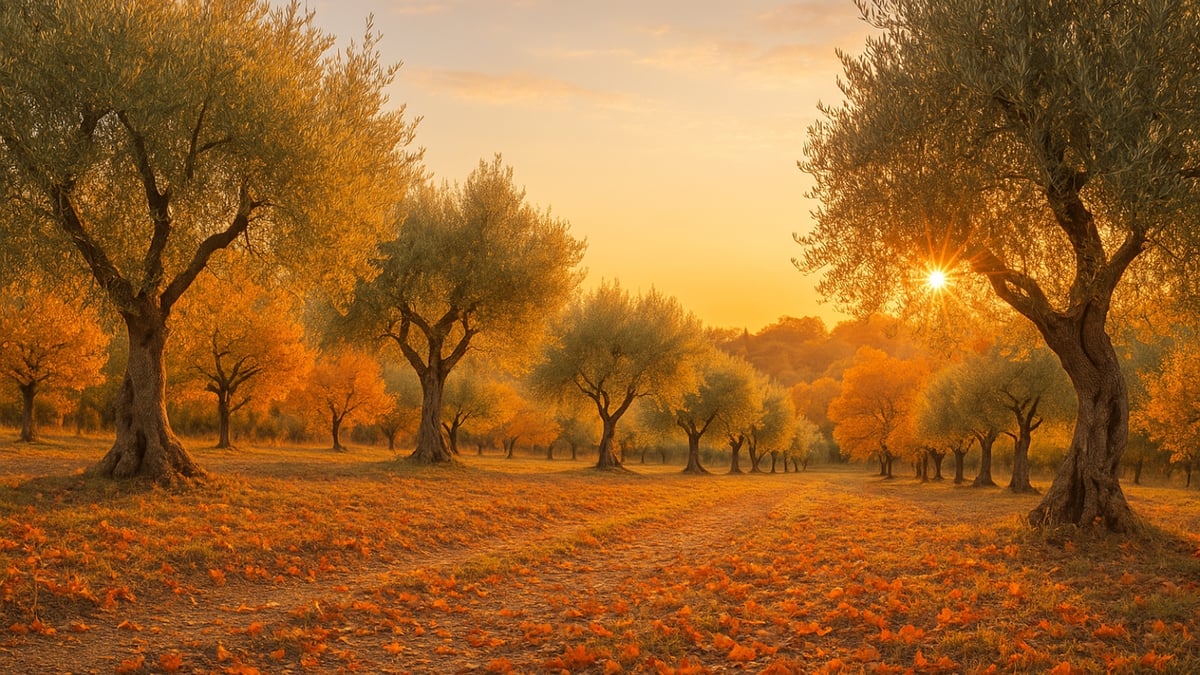 Olive trees with golden autumn leaves at sunrise in a peaceful grove.